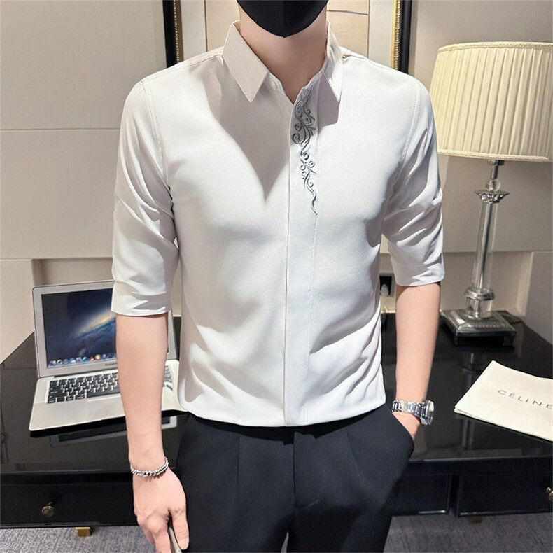 红夏季男士刺绣七分袖衬衫男痞帅店主风衬衣301A-1/CS330/P55,男装衬衫,星座301A-1