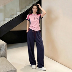 轻奢洋气时尚套装女夏新款条纹拼接半开领短袖上衣阔腿长裤两件套，女装套装/套裙，江南