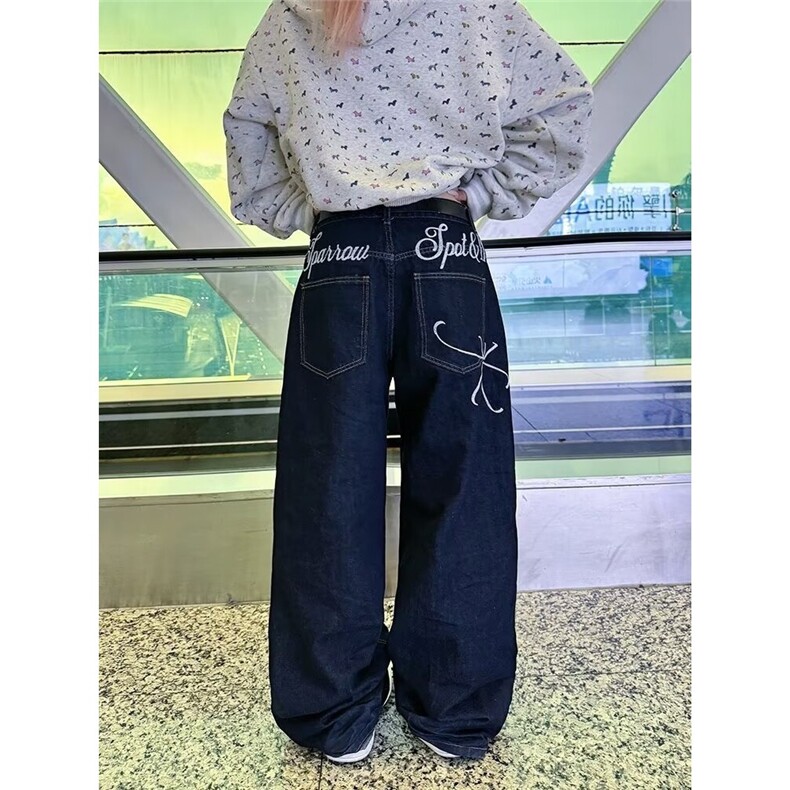 深蓝色阔腿牛仔裤女秋冬2025新款高腰宽松慵懒垂感美式直筒拖地裤,男装牛仔裤,星座506A