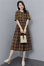 现货，2022夏装新款短袖棉麻格子长款连衣裙，女装连衣裙，依万里