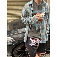 美式流苏破坏格子衬衫秋潮牌小众毛边设计男女衬衣外套CY1225-P31，男装衬衫，星座412-1