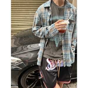 美式流苏破坏格子衬衫秋潮牌小众毛边设计男女衬衣外套CY1225-P31图片