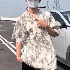 2025新款夏季美式不规则扎染v领上衣潮牌轻奢时尚百搭短袖t恤男士，男装T恤，四季星座505