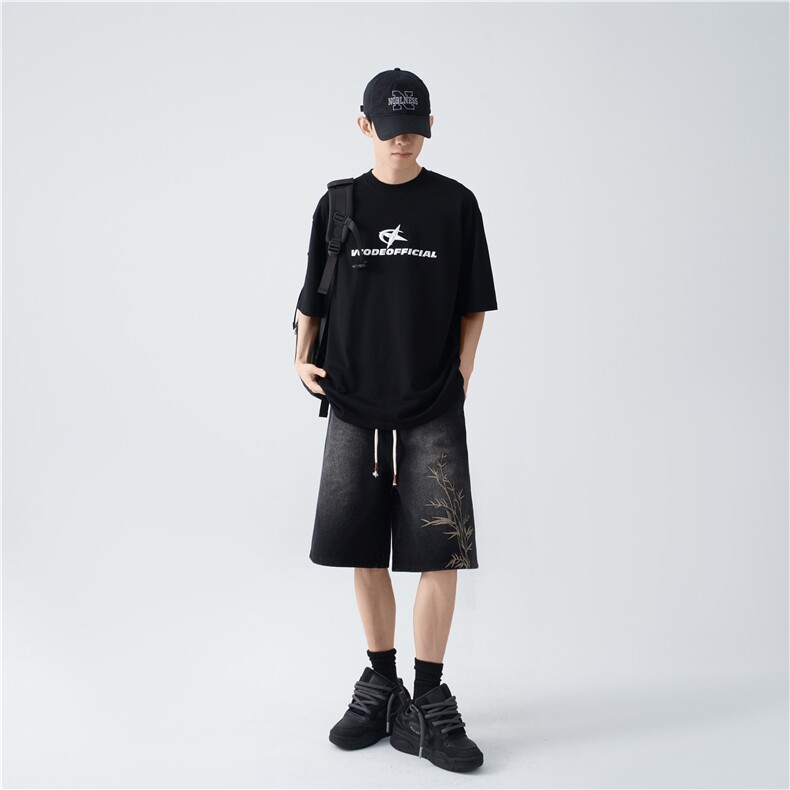 新中式夏季新款刺绣水洗牛仔裤宽松五分裤B315-K24122-P45控58图片