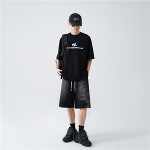 新中式夏季新款刺绣水洗牛仔裤宽松五分裤B315-K24122-P45控58图片