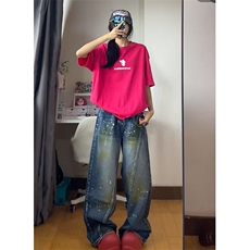 水洗解构脏染泼墨牛仔裤男款小众设计感高街拖地做旧阔腿长裤，男装牛仔裤，星座601-1