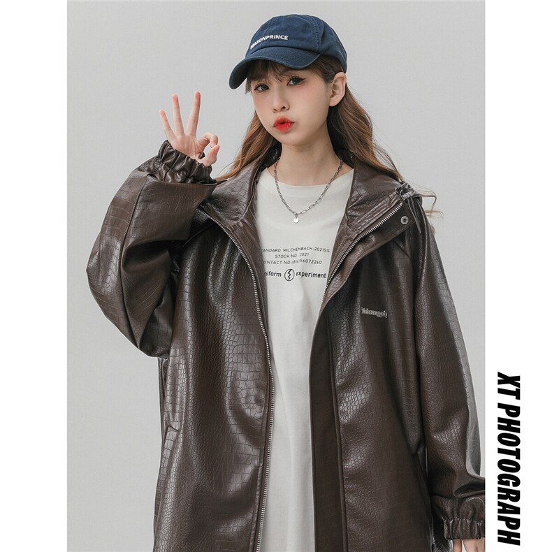 中性连帽鳄鱼纹PU皮衣大码情侣休闲冲锋衣夹克男JK8744P90控128图片