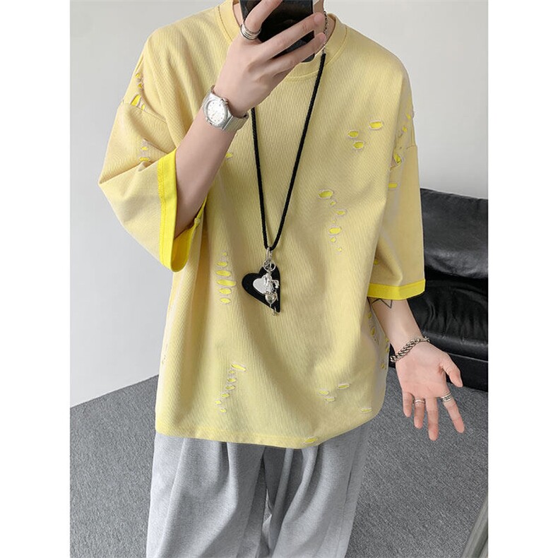 T10137-特批33控68开口笑高品质夏季大码短袖破洞潮流百搭T恤,男装T恤,电商A059