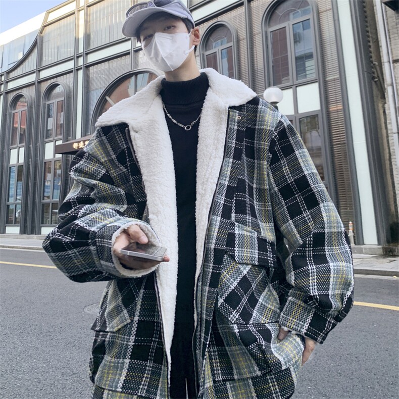wassuphappy羊羔毛棉衣外套男款冬季加厚保暖小香风宽松格子棉袄，男装棉衣，电商A157