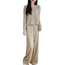 圆领微透竹节麻针织长袖上衣罩衫阔腿裤两件套女宽松时尚亚麻套装，女装套装/套裙，东远绒业