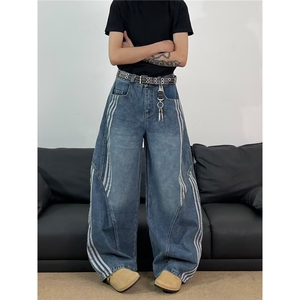 大码美式设计侧条纹阔腿牛仔裤女夏季2025宽松显瘦高腰拖地直筒裤