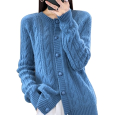 100%纯羊毛针织开衫女圆领麻花针织长袖毛衣宽松羊绒衫外套，女装羊毛衫，哲奥羊绒