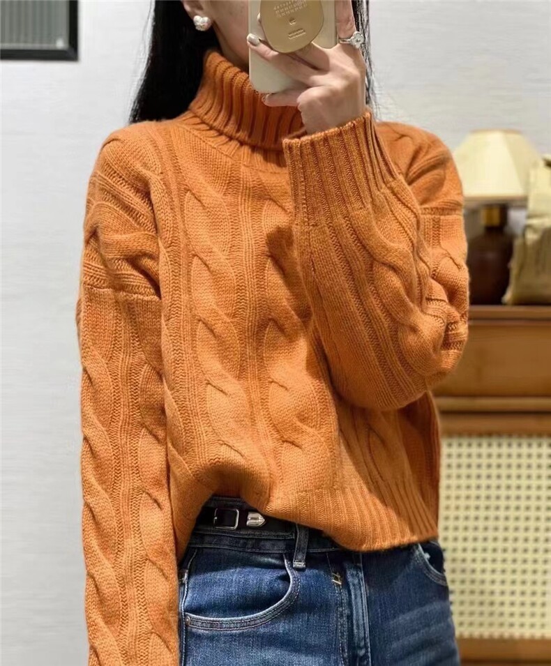 秋冬季新款宽松舒适简约女爱马橙高翻麻花套头针织衫,女装羊毛衫,恒恩羊绒