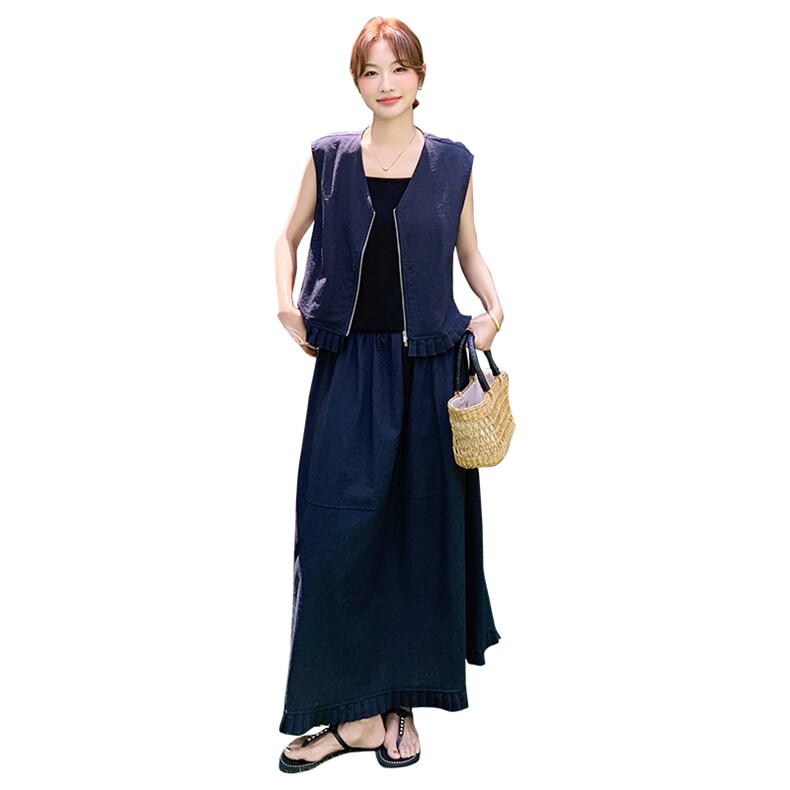 韩系藏青色休闲套装女2025夏季新款气质V领花边马甲半身裙两件套,女装套装/套裙,2C217