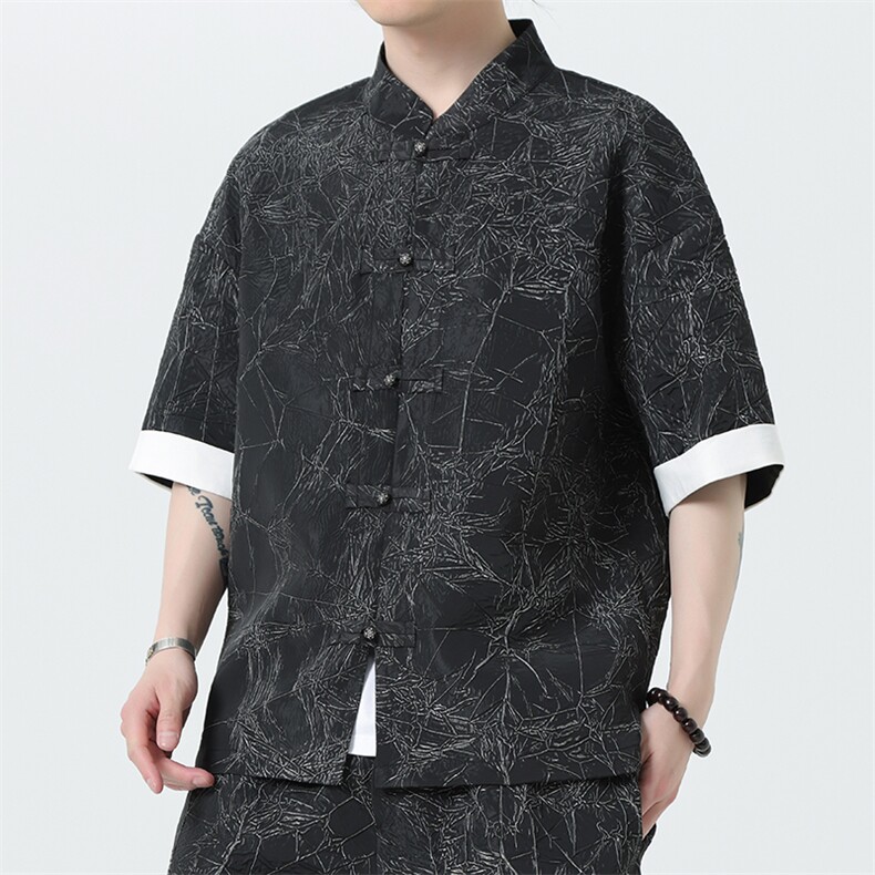 2025夏季新款男装新中式衬衣风纹理盘扣拼接短袖衬衫 C98-P60图片