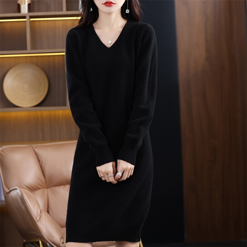 春季100纯山女v领中长款休闲套头羊毛针织裙宽松纯色毛衣裙，女装连衣裙，赛冬羊绒