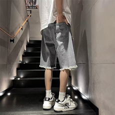 日系夏季高街毛边破洞牛仔短裤男韩版潮流宽松五分裤DK02108-P35，男装牛仔裤，星座308B-1