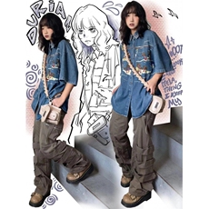 BK908CC-特P58美式复古刺绣牛仔短袖衬衫男女，男装T恤，星座1007（原301D）