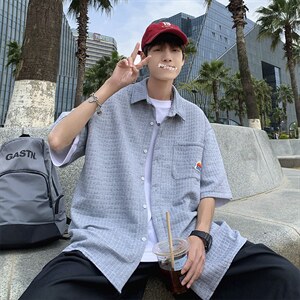 港风短袖衬衫男夏季华夫格衬衣潮流高街宽松五分袖外套CS825-P33图片