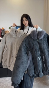 美式长毛座山雕pu皮外套连帽梵古文刺绣棉服男冬季夹棉图片