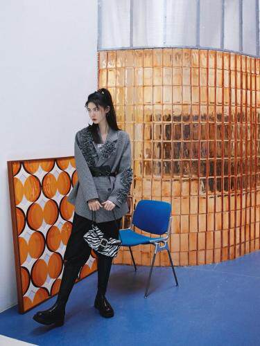 夹棉千鸟格西装外套，女装西装，YOUER DENG