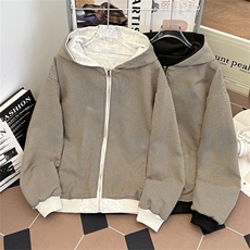 复古千鸟格双面穿格子拉链开衫卫衣cleanfit外套WY189P58，女装短外套，星座1013-5