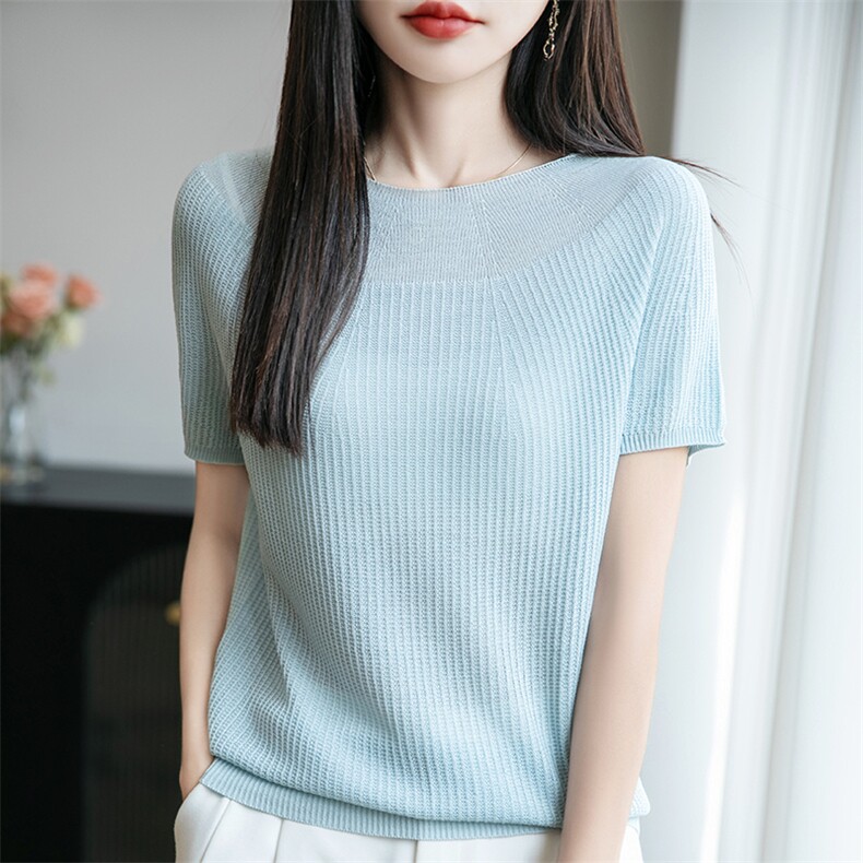 圆领短袖t恤女2025夏季新款洋气漂亮独特上衣高级感针织纯色半袖,女装T恤,菲奥羊绒