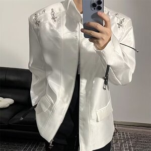 痞帅高级感黑色立领垫肩夹克上衣飞机扣设计感外套机车服图片