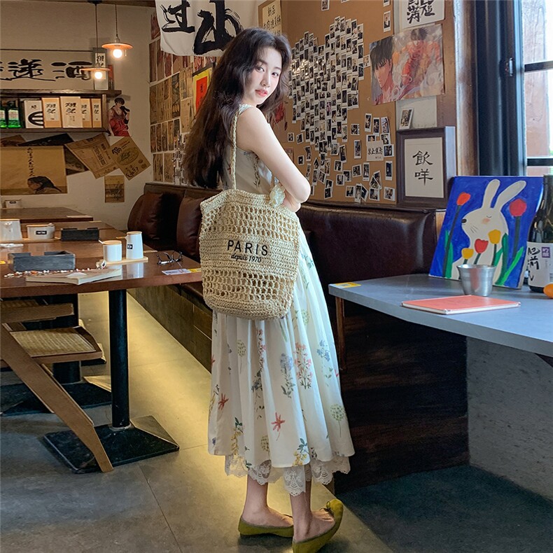 蕾丝花边碎花无袖背心连衣裙女夏2025新款显瘦绝美爆款超好看长裙,女装连衣裙,2C176