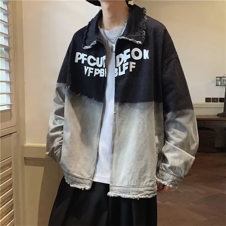 秋季潮牌复古撞色拼接牛仔夹克男ins街头设计感毛边翻领百搭外套图片