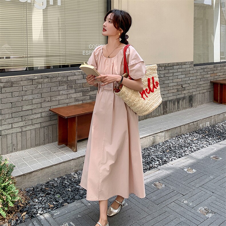 韩系甜美少女感粉色连衣裙女2024夏季新款高腰遮肚淑女泡泡袖裙子,女装连衣裙,维壹