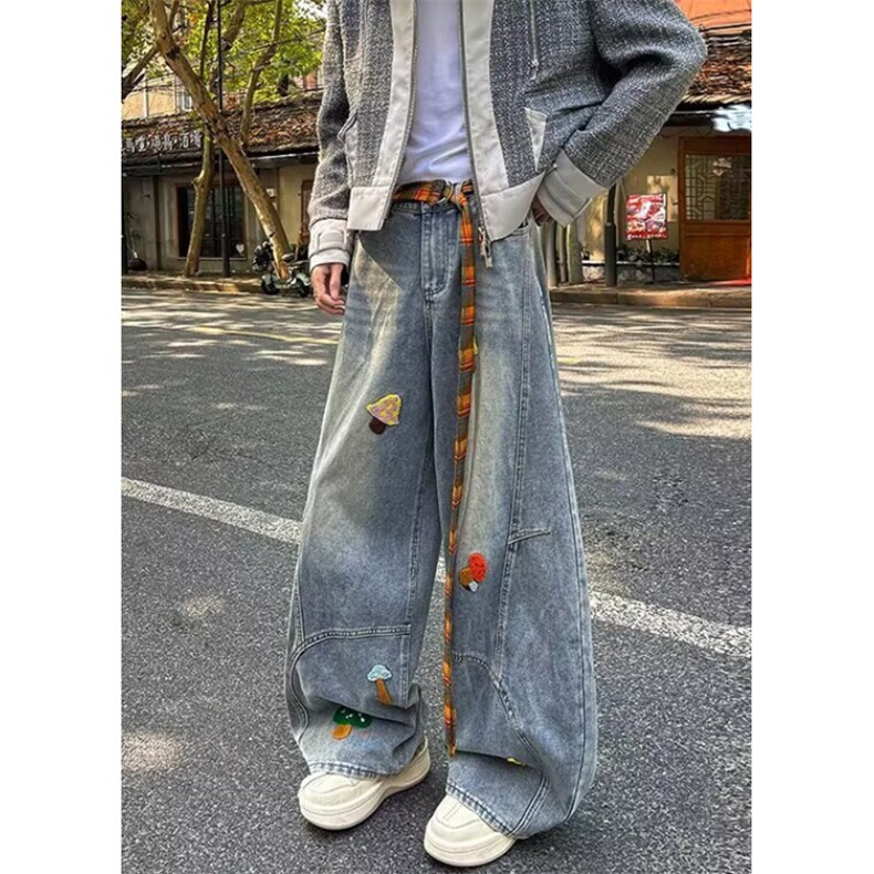 刺绣设计感牛仔裤男女秋冬季宽松直筒休闲阔腿裤带腰带LA66-P55,男装牛仔裤,星座1008