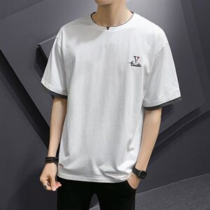 20夏季新款男士潮流时尚刺绣圆领纯棉假两件短袖T恤DS731T图片