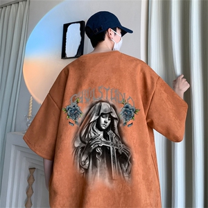 欧美潮牌hiphop短袖t恤男夏季麂皮绒高克重磅美式复古宽松体恤衫图片