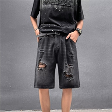 美式破洞牛仔短裤男夏季潮牌宽松休闲做旧直筒五分裤RK2859-P37，男装牛仔裤，星座412-2