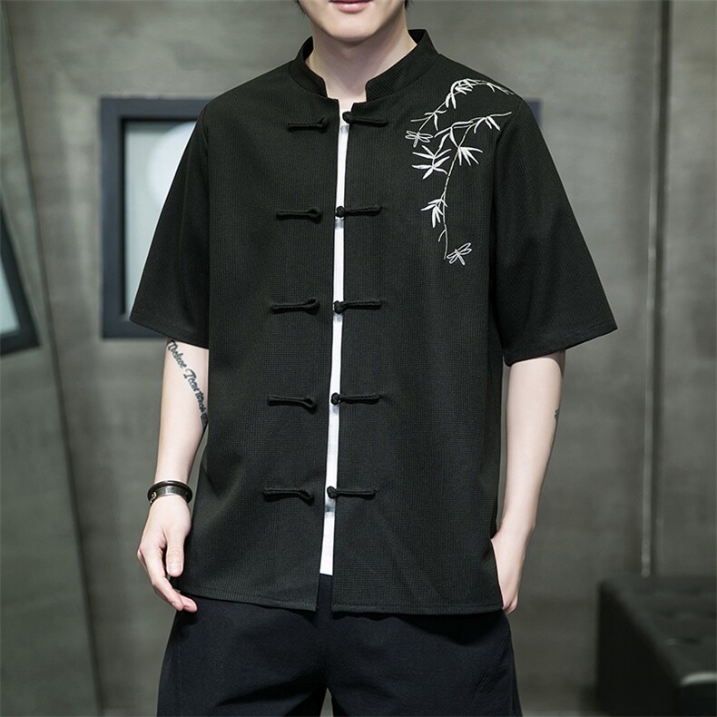 新款风刺绣汉服时尚唐装华夫格T329-P58-控75,男装民族服装,电商A227