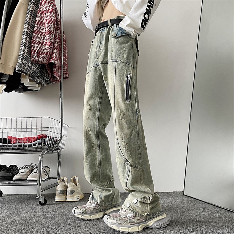 美式高街拉链牛仔裤男女春秋季新款复古潮牌微喇直筒阔腿工装裤子，男装牛仔裤，星座601-1