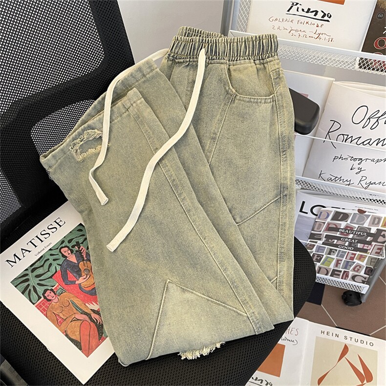破洞牛仔裤美式复古水洗做旧宽松休闲百搭直筒裤,男装牛仔裤,星座410-6（原星座1304-1）