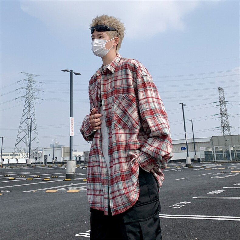 美式复古春夏季格子外套长袖衬衫男女宽松情侣休闲衬衣潮-CS045,男装衬衫,星座601-2