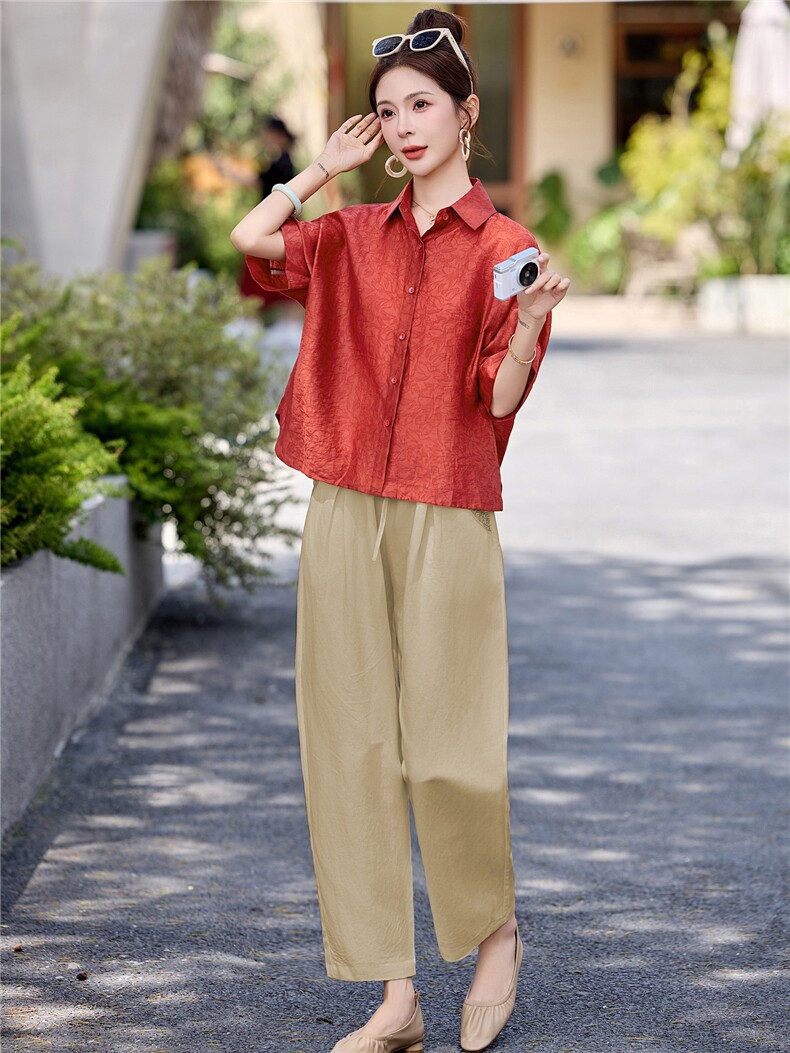 长期有货2026年夏季冰天丝时尚休闲两件套提花莱赛尔衬衫休闲裤女,女装套装/套裙,璐依舞