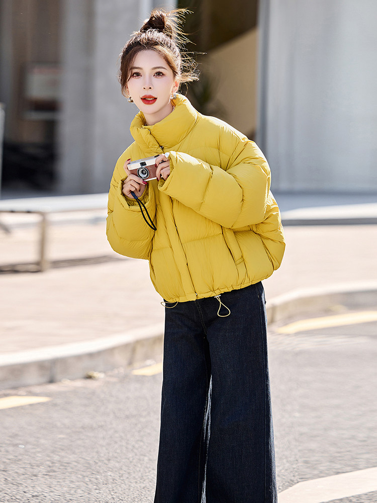 黄色羽绒服宽松短款外套2024冬装立领抽绳简约显白面包服女,女装羽绒服,曼慕纤衣