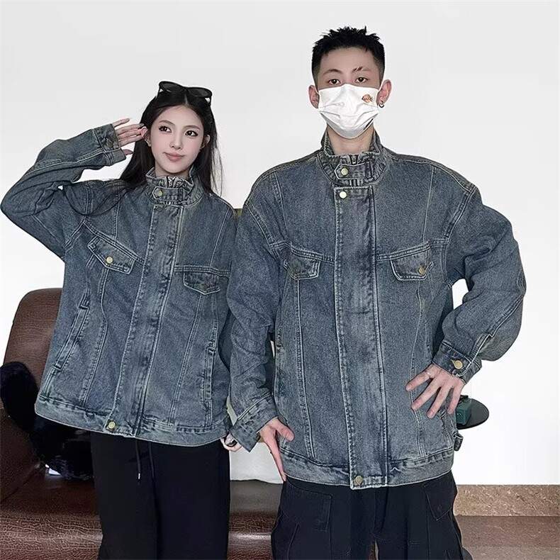 W9402-P80网图现货新款美式复古宽松水洗做旧牛仔外套立领夹克,男装工装外套,星座1608-2