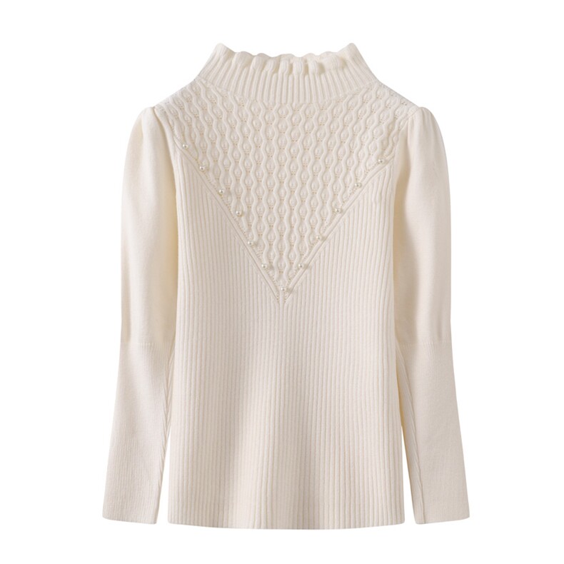 优雅女童半高领珍珠装饰针织衫百搭时尚打底毛衣，童装儿童针织衫，伊美侕