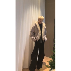 现货高品质美式高街冬季重磅硬挺短款座山雕毛领棉衣男女加厚外套图片
