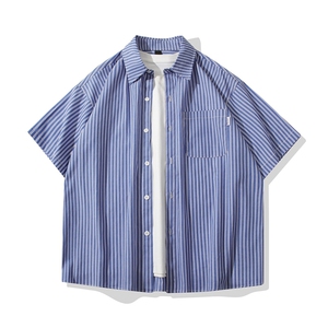 B413-1-CS385日系复古条纹短袖衬衫男潮流宽松百搭休闲港风衬衣服图片