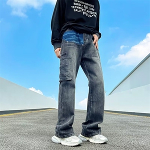 拼接工装牛仔裤男秋冬潮牌机能美式街头痞帅高街直筒裤RK1166-P53图片