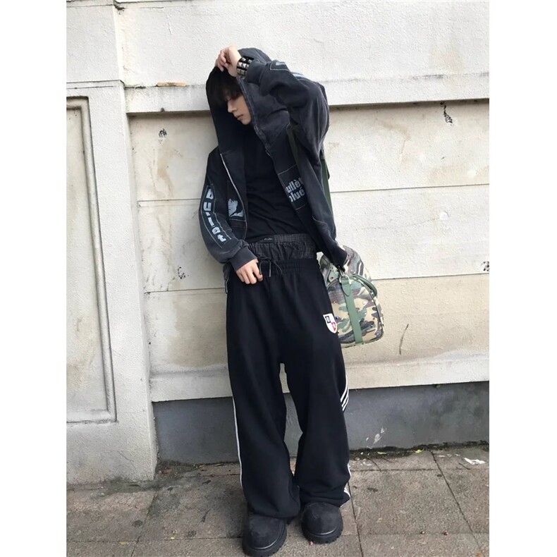 美式条纹运动风卫裤男女春秋季街头三条杠徽章直筒宽松百搭休闲裤,男装休闲裤,四季星座505