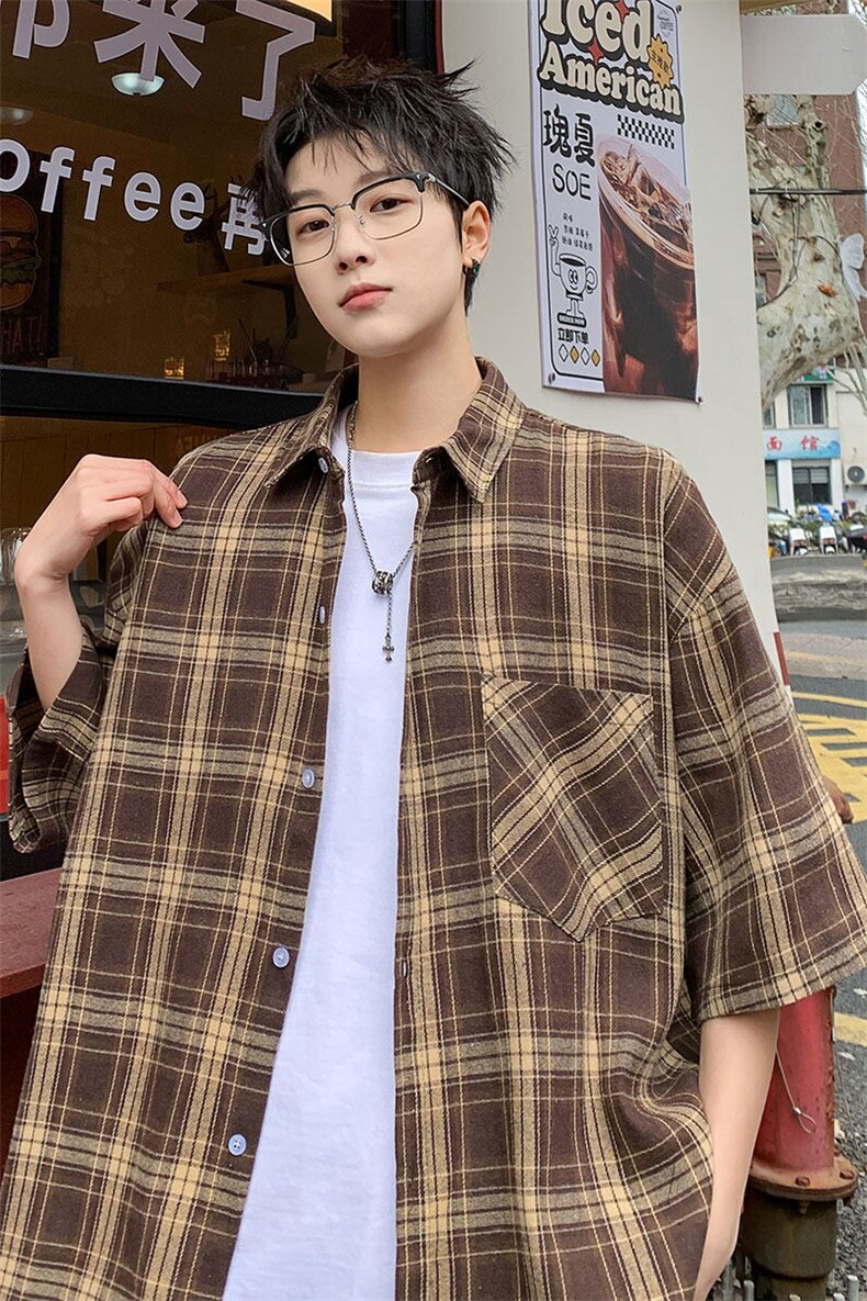 短袖衬衫男夏季新款磨毛格子衬衣DX711-特批25无差价,男装衬衫,星座214-3
