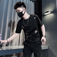 短袖t恤男抖音刺绣印花社会小伙店主风301C-DT106-P48控68，男装T恤，星座301C（原B323）