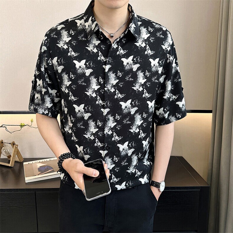 店主风~抖音夏季薄款冰丝蝴蝶印花中袖衬衫C282/特P33,男装衬衫,电商B331